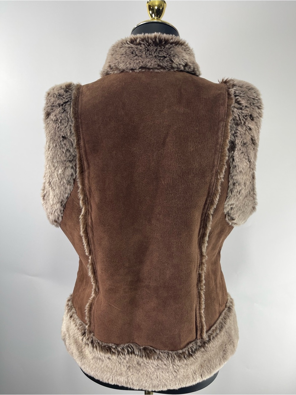Live a Little Brown Leather Faux Fur Trim Western Cowgirl Vest Size Large - Picture 5 of 15